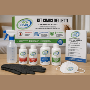 Kit professionale contro le cimici dei letti Eco Clean con Pertrin S, Sting, Cymina 10 e Cymina Plus, spruzzino, dispositivi di protezione e guida completa per eliminazione efficace e prevenzione infestazioni.