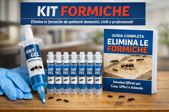 Un set completo per la disinfestazione domestica denominato "KIT FORMICHE". Include una siringa principale con etichetta "ANT GEL PROFESSIONALE", sei piccoli erogatori di gel "ANT GEL", un paio di guanti in nitrile blu e un libretto di istruzioni dal titolo "GUIDA COMPLETA: ELIMINA LE FORMICHE". Il tutto è presentato su un tavolo in legno con formiche vive in primo piano e una cucina sfocata sullo sfondo. Sopra il kit c'è un cartello con la scritta "KIT FORMICHE" e il sottotitolo "Elimina le formiche da ambienti domestici, civili e professionali".