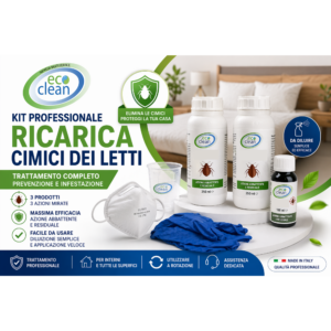 Kit professionale Eco Clean ricarica contro cimici dei letti con flaconi Cymina 10, Cymina Plus e Sting, guanti in nitrile, mascherina FFP3 e misurino per diluizione.