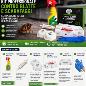Elimina blatte e scarafaggi in pochi giorni con il kit professionale completo – facile da usare, efficace e con assistenza H24.
