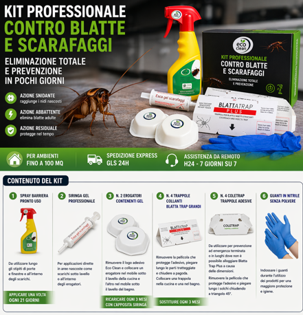 Elimina blatte e scarafaggi in pochi giorni con il kit professionale completo – facile da usare, efficace e con assistenza H24.