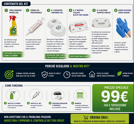 Kit professionale contro blatte e scarafaggi con spray barriera, gel in siringa, trappole adesive e guanti, soluzione completa per eliminazione e prevenzione infestazioni domestiche.